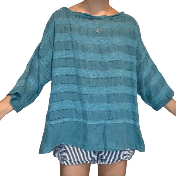 La Bottega Di Brunella Oversized Top Boxy Lagenlook Blue Striped Size Medium - Picture 1 of 8